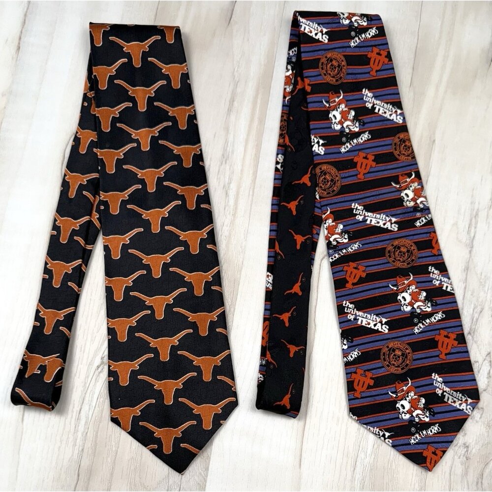 VTG Lot 2 Mens Silk NECK TIES UT Austin Texas Longhorns Hook Em Horns Wembley